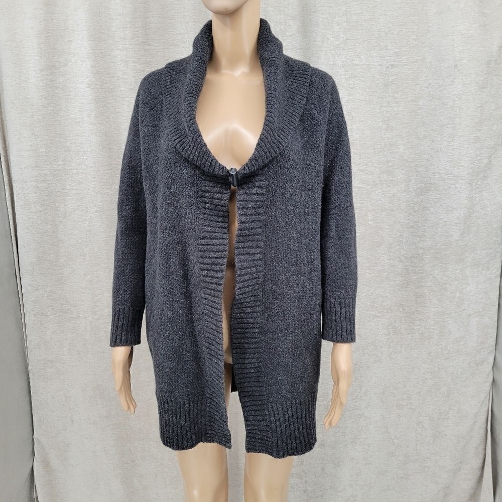 Wool Cashmere Cardigan Sweater Duster Charcoal Gray Pockets